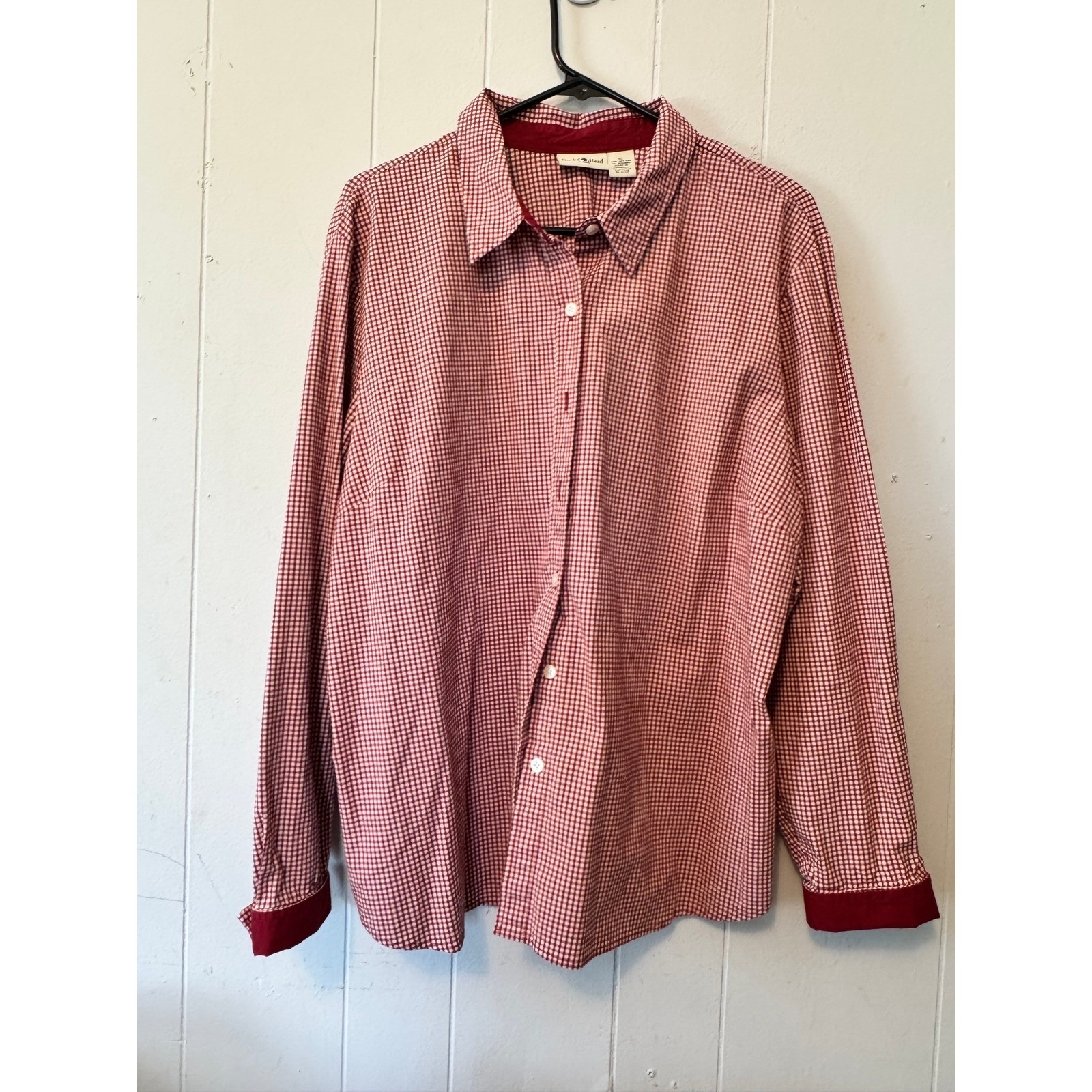 Mens Red White Gingham Check Long Sleeve Button Down Shirt Stretch Cotton Xl